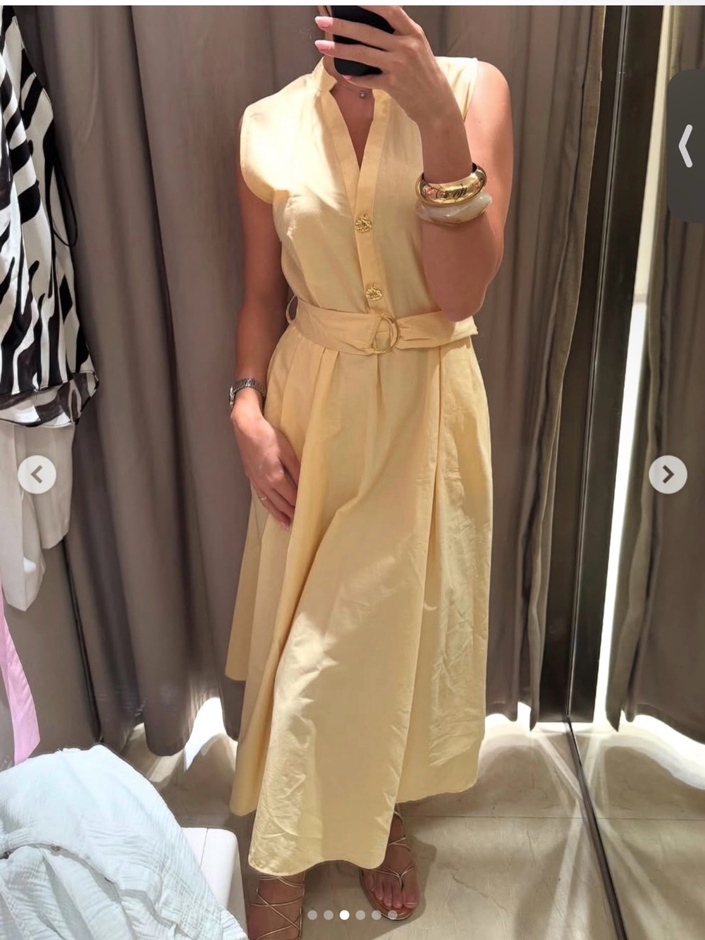 Zara Pale Yellow Sleeveless Belted Midi Dress